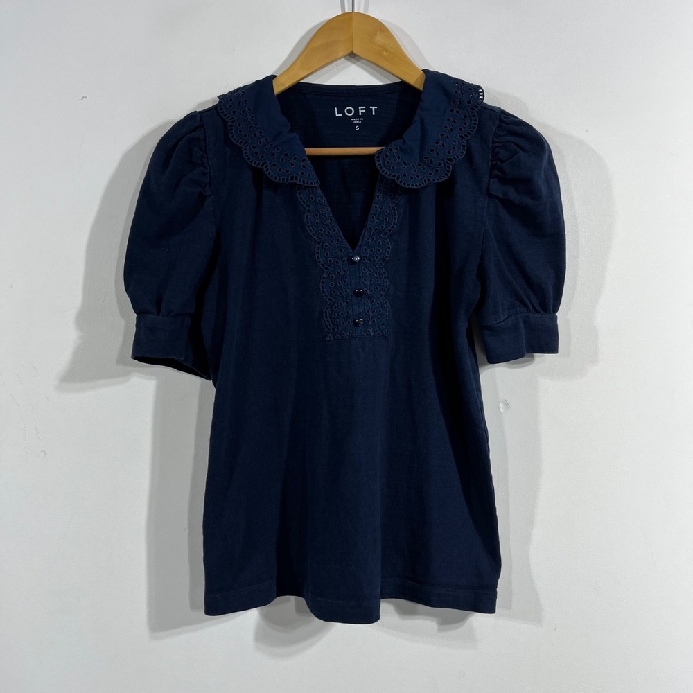 LOFT Academia Twee Navy Eyelet Lace Peter Pan Collar Old Money Preppy Top Small